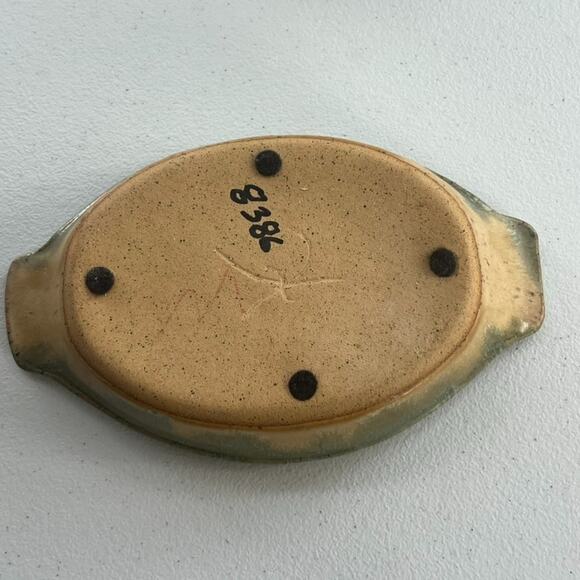 Pottery Art Green Brown Au Gratin Dish Oval Serving Stoneware Hand Made & Signed - Picture 4 of 12